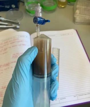 Photo of a hand in a blue glove holding a syringe with some brown sediment, in the background a lab bench with notebook