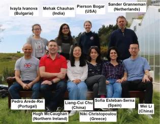 Photo of lab group members labelled with names and counties of origin: Back row, left to right, Ivayla Ivanova (Bulgaria), Mehak Chauhan (India), Pierson Bogar (USA), Sander Granneman (Netherlands), Front row left to right, Pedro Arede-Rei (Portugal), Hugh McCaughan (Northern Ireland), Liang-Cui Chu (China), Niki Christopouplou (Greece), Sofia Esteban-Serna (Spain), Wei Li (china)