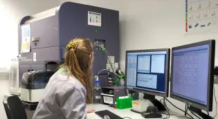 Scientist sitting at a Fortessa flow cytometer
