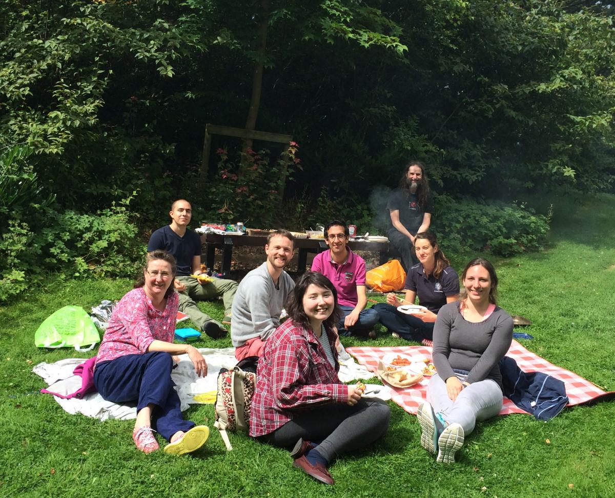 Lab group members sit around a picnic blanket at a barbeque