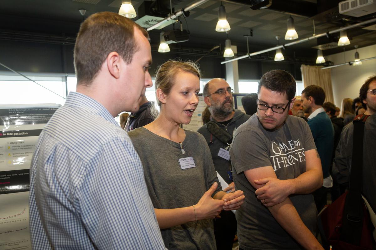 Students and supervisors chat during poster session