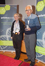 Bill receiving the Mendel Medal of the Genetics Society in November 2019, with Deborah Charlesworth.