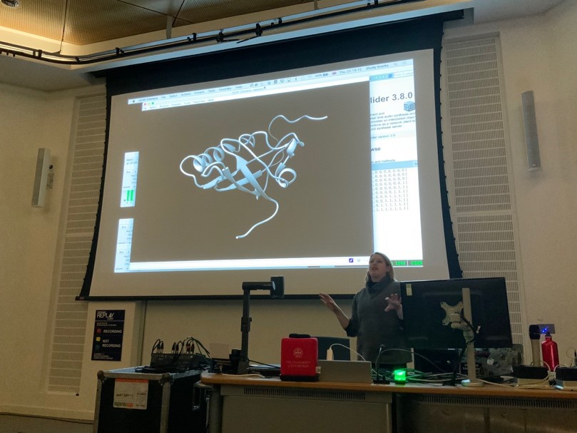 Dr Shelley Knotts speaking in front of a large screen