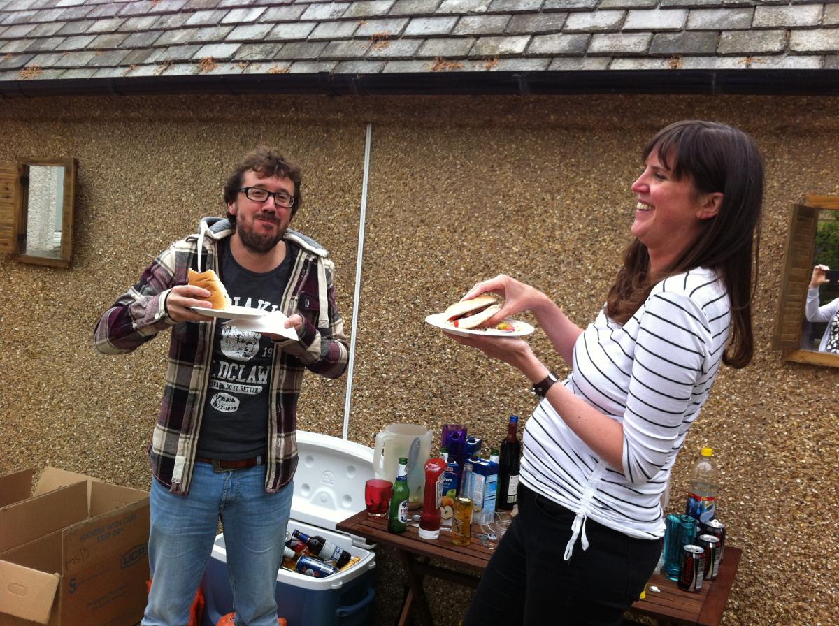 Photo of the lab group sitting with drinks 