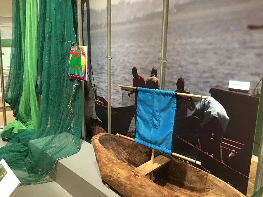 Boat with a blue flag used to attract tsetse flies and reduce spread of sleeping sickness.