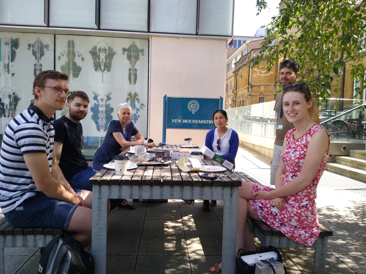 Lab group members sit outside round a wooden table