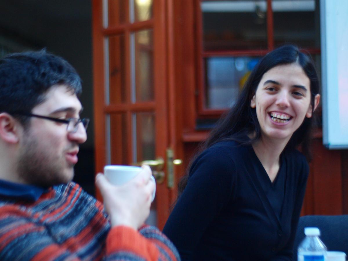 Photo of two lab group members sharing a laugh