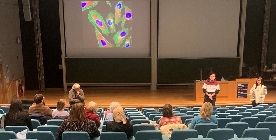 Photo of a lecture theatre with particpants in the public engagement event, carers in seats and researchers stood at the front