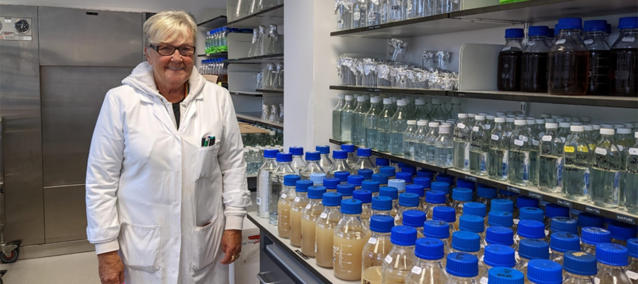 Photo of media prep staff member together with prepared media in bottles