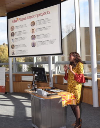 Francisca Mutapi presenting at the launch