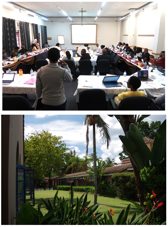 Two pictures: top, a conference room with people sat around tables, bottom, outside the building and surrounding garden