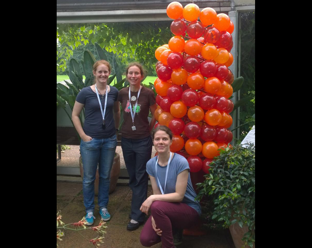 Photo of Julie and 2 lab group mebers at the Botanical Gardens with a microtubule exhibit